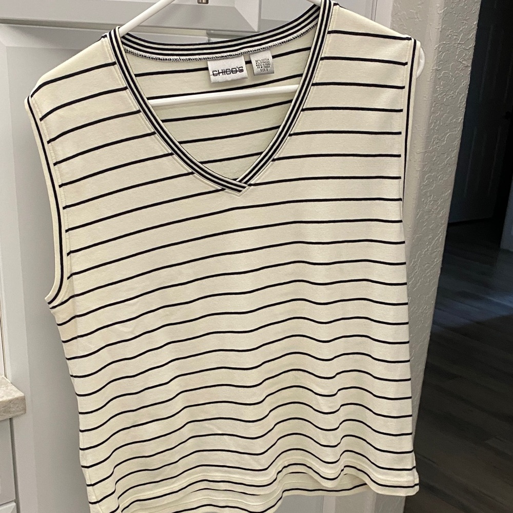 Chico's Cream and Black Striped Tank Top